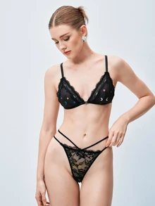 Softvol 1pc Women's Sexy Lace Patchwork Printed Fabric Wireless Non-Padded Comfortable Front Closure Triangle Cup Bra - Black - View 3