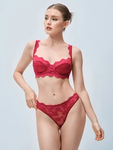 Softvol Women's Burgundy Floral Lace Sheer Mesh Underwire Bra Set, Unlined Lingerie 2 Pieces Set - Red - View 8