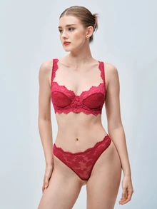 Softvol Women's Burgundy Floral Lace Sheer Mesh Underwire Bra Set, Unlined Lingerie 2 Pieces Set - Red - View 5