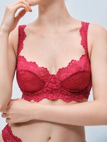 Softvol Women's Burgundy Floral Lace Sheer Mesh Underwire Bra Set, Unlined Lingerie 2 Pieces Set - Red - View 6