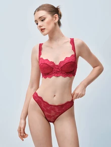 Softvol Women's Burgundy Floral Lace Sheer Mesh Underwire Bra Set, Unlined Lingerie 2 Pieces Set - Red - View 4