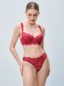 Softvol Women's Burgundy Floral Lace Sheer Mesh Underwire Bra Set, Unlined Lingerie 2 Pieces Set - Red - View 3