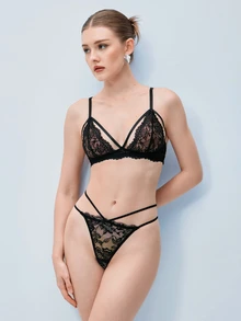 Softvol 1pc Women's Sexy Semi-Sheer Lace Wireless Unpadded Comfortable Back Strap Triangle Cup Bra - Black - View 8
