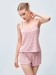 Softvol Set Piyama Wanita Warna Biru Muda Rajut Bergaris Motif Hati dengan Hiasan Renda Kontras, Romantis, Manis, Imut, Seksi, Model Camisole & Celana Pendek - Dusty Pink - View 4