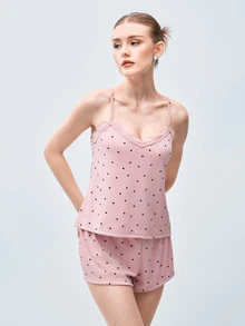 Softvol Set Piyama Wanita Warna Biru Muda Rajut Bergaris Motif Hati dengan Hiasan Renda Kontras, Romantis, Manis, Imut, Seksi, Model Camisole & Celana Pendek - Dusty Pink - View 5