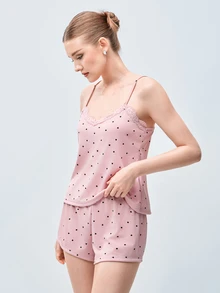 Softvol Set Piyama Wanita Warna Biru Muda Rajut Bergaris Motif Hati dengan Hiasan Renda Kontras, Romantis, Manis, Imut, Seksi, Model Camisole & Celana Pendek - Dusty Pink - View 3