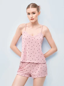 Softvol Set Piyama Wanita Warna Biru Muda Rajut Bergaris Motif Hati dengan Hiasan Renda Kontras, Romantis, Manis, Imut, Seksi, Model Camisole & Celana Pendek - Dusty Pink - View 8