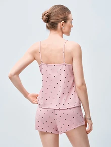 Softvol Set Piyama Wanita Warna Biru Muda Rajut Bergaris Motif Hati dengan Hiasan Renda Kontras, Romantis, Manis, Imut, Seksi, Model Camisole & Celana Pendek - Dusty Pink - View 2