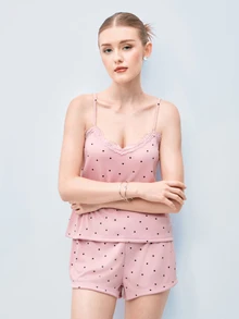 Softvol Set Piyama Wanita Warna Biru Muda Rajut Bergaris Motif Hati dengan Hiasan Renda Kontras, Romantis, Manis, Imut, Seksi, Model Camisole & Celana Pendek - Dusty Pink - View 7