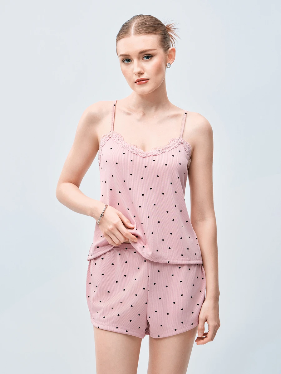 Softvol Set Piyama Wanita Warna Biru Muda Rajut Bergaris Motif Hati dengan Hiasan Renda Kontras, Romantis, Manis, Imut, Seksi, Model Camisole & Celana Pendek - Dusty Pink - View 1