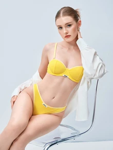 Softvol 两件套钢圈半罩杯提拉聚拢简约舒适高弹高支撑女士文胸套装 - 黃色 - 查看 9