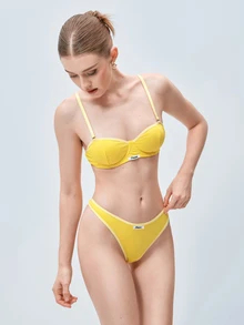 Softvol 两件套钢圈半罩杯提拉聚拢简约舒适高弹高支撑女士文胸套装 - 黃色 - 查看 4
