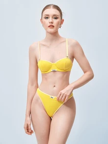 Softvol 两件套钢圈半罩杯提拉聚拢简约舒适高弹高支撑女士文胸套装 - 黃色 - 查看 3