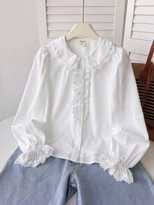 SHEIN Tween Girl Loose Casual Minimalist Comfortable Daily Casual White Trim Sleeve Elegant Ruffle Button Front Shirts,Long Sleeve Tops Back To School - White - View 7