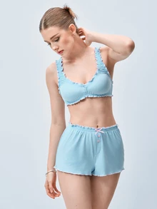 Softvol Women's Frill Trim Camisole And Shorts Pajama Set - Baby Blue - View 5