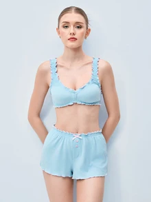 Softvol Women's Frill Trim Camisole And Shorts Pajama Set - Baby Blue - View 8