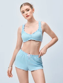 Softvol Women's Frill Trim Camisole And Shorts Pajama Set - Baby Blue - View 3