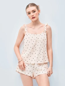 Softvol Women's Red Polka Dot Print Camisole & Shorts Pajama Set, Summer Loungewear - Apricot - View 6