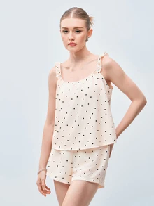 Softvol Women's Red Polka Dot Print Camisole & Shorts Pajama Set, Summer Loungewear - Apricot - View 3