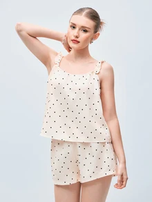 Softvol Women's Red Polka Dot Print Camisole & Shorts Pajama Set, Summer Loungewear - Apricot - View 4
