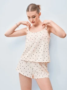 Softvol Women's Red Polka Dot Print Camisole & Shorts Pajama Set, Summer Loungewear - Apricot - View 8