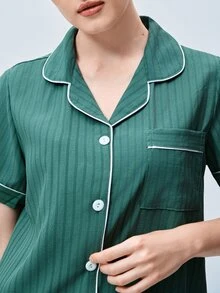Softvol 撞色滚边蝴蝶结装饰翻领开衫短袖短裤女士睡衣套装 - 軍綠色 - 查看 8