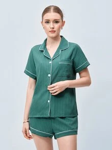 Softvol 撞色滚边蝴蝶结装饰翻领开衫短袖短裤女士睡衣套装 - 軍綠色 - 查看 5