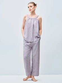 Softvol 2pcs Spring/Summer Fashion Homewear Set, Printed Casual Comfortable Pullover Outfit, Versatile Outfit, Easy Care Fabric - Purple - View 6
