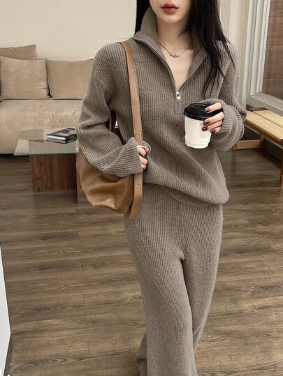 DAZY 2 Pieces Set Women Solid Cardigan Sweater And Wide Leg Pants Fall