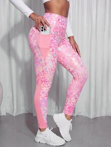 SHEIN Sports 女款豹紋高腰口袋內搭褲 健身派對 粉色 夏季 Y2K 90年代風 - 彩色 - 查看 3