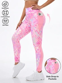 SHEIN Sports 女款豹紋高腰口袋內搭褲 健身派對 粉色 夏季 Y2K 90年代風 - 彩色 - 查看 4