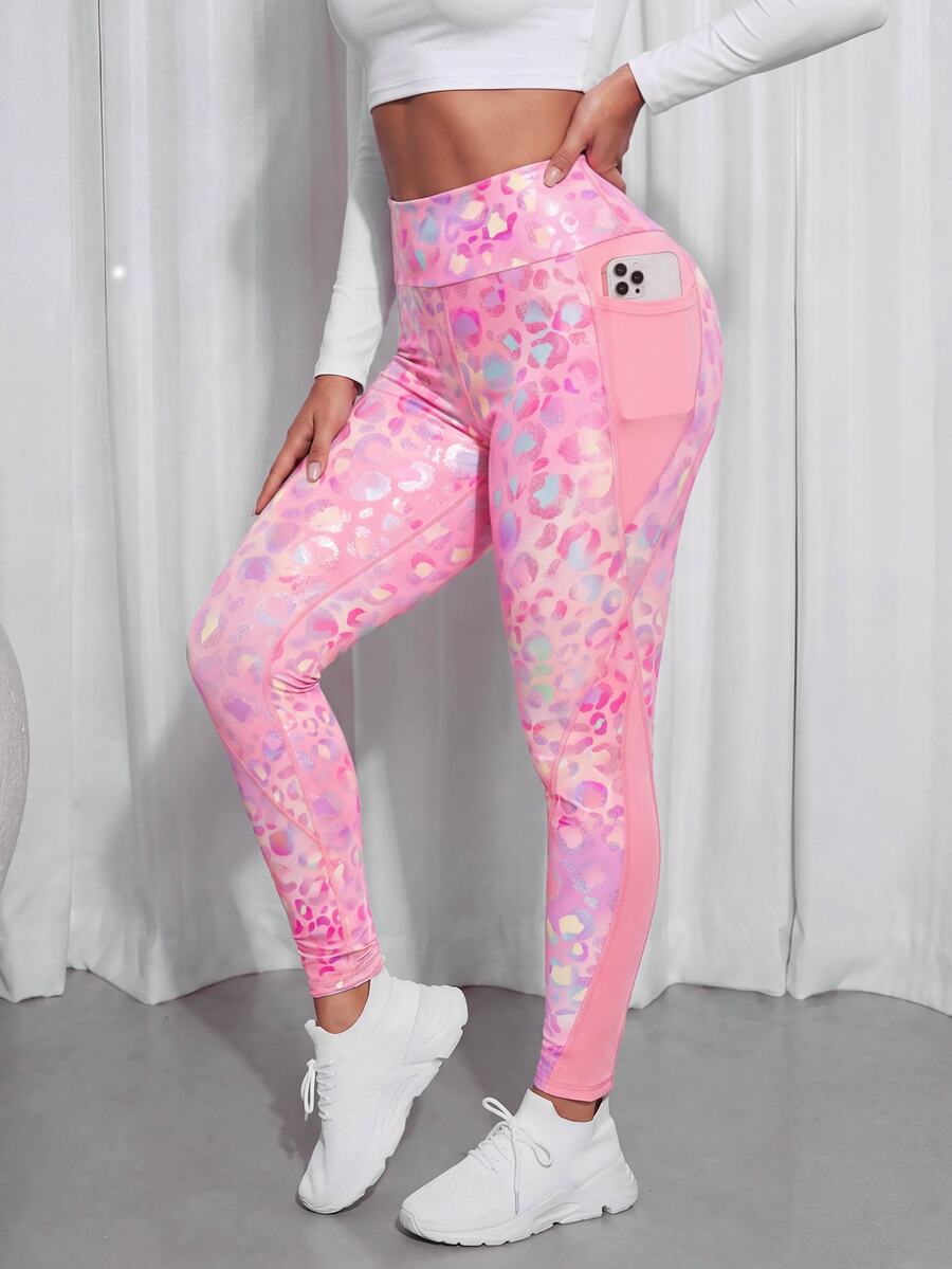 SHEIN Sports 女款豹紋高腰口袋內搭褲 健身派對 粉色 夏季 Y2K 90年代風 - 彩色 - 查看 1