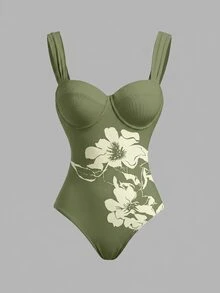 Swim Oasis 女款花卉印花連體泳衣與裙子套裝，適合海灘度假、泳池派對、海灘派對，橄欖綠夏季熱帶歐風 - 彩色 - 查看 3