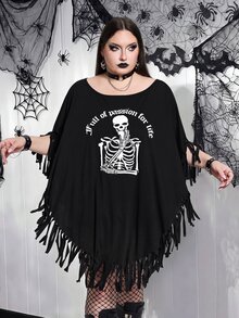 SHEIN CURVE+ 大尺碼骷髏印花流蘇下擺蝙蝠袖T恤萬聖節 - 黑色 - 查看 5