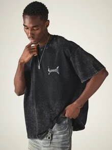 SUMWON Oversized Washed Crew Neck Short Sleeve Tee With City Names Back Graphic Print Street Style Summer Essential - Black - View 1