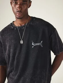 SUMWON Oversized Washed Crew Neck Short Sleeve Tee With City Names Back Graphic Print Street Style Summer Essential - Black - View 5