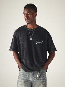 SUMWON Oversized Washed Crew Neck Short Sleeve Tee With City Names Back Graphic Print Street Style Summer Essential - Black - View 6