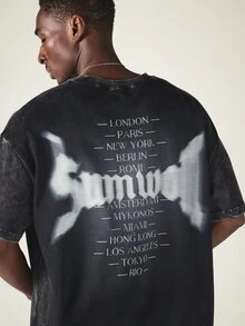 SUMWON Oversized Washed Crew Neck Short Sleeve Tee With City Names Back Graphic Print Street Style Summer Essential - Black - View 4