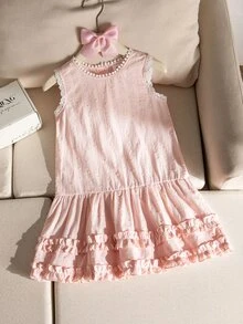 SHEIN Genkimix Kids 女童夏季法式鄉村風舒適3D提花布料荷葉邊無袖背心洋裝，適合日常穿著 - 粉色 - 查看 1