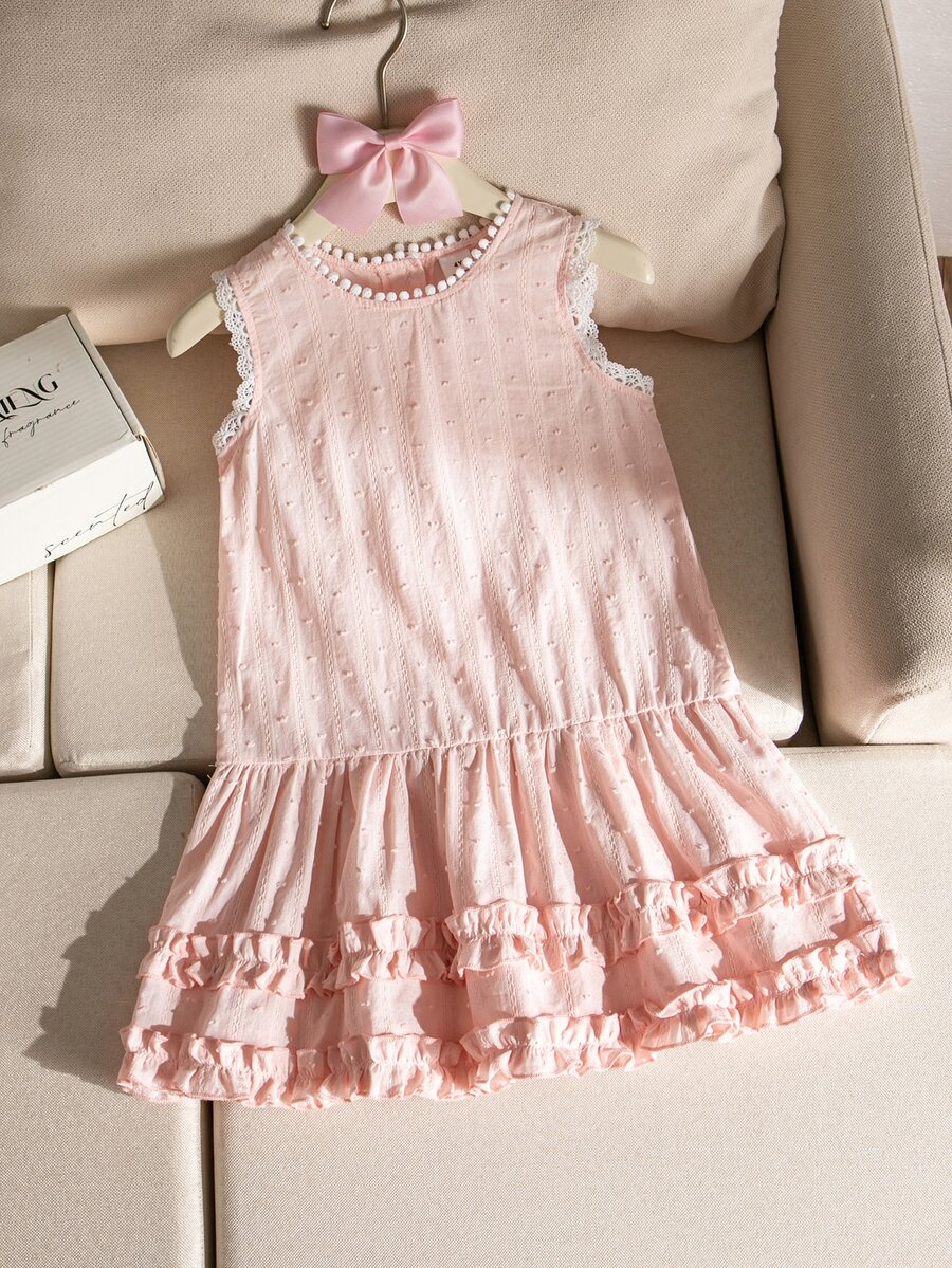 SHEIN Genkimix Kids 女童夏季法式鄉村風舒適3D提花布料荷葉邊無袖背心洋裝,適合日常穿著 - 粉色 - 查看 1