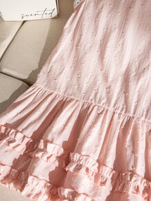 SHEIN Genkimix Kids 女童夏季法式鄉村風舒適3D提花布料荷葉邊無袖背心洋裝，適合日常穿著 - 粉色 - 查看 4