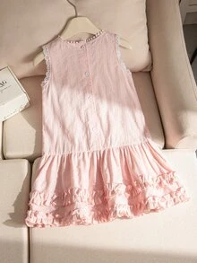 SHEIN Genkimix Kids 女童夏季法式鄉村風舒適3D提花布料荷葉邊無袖背心洋裝，適合日常穿著 - 粉色 - 查看 2