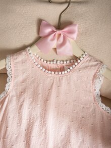 SHEIN Genkimix Kids 女童夏季法式鄉村風舒適3D提花布料荷葉邊無袖背心洋裝，適合日常穿著 - 粉色 - 查看 3