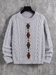 SHEIN 兒童青少年男孩休閒韓風菱格紋圓領針織衫，適合通勤、上學、日常休閒穿著、運動，秋冬款 - 灰色 - 查看 5