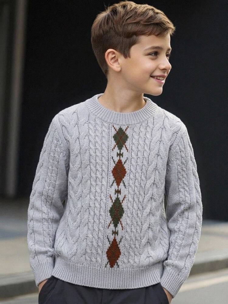 SHEIN Kids Tween Boy Casual Korean Style Argyle Pattern Crew Neck Sweater, Suitable For Commuting, School, Daily Casual Wear, Sports, Autumn/Winter - Grey - View 1