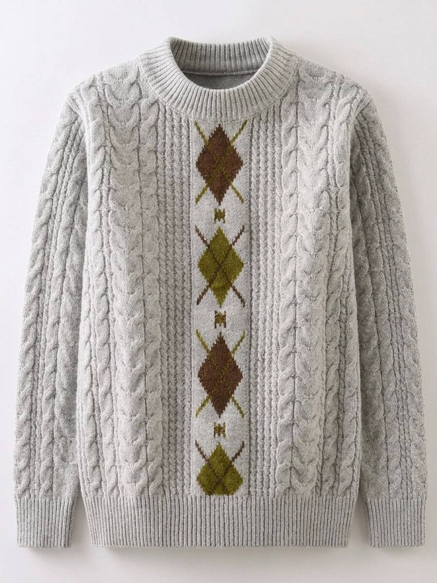 SHEIN Kids Tween Boy Casual Korean Style Argyle Pattern Crew Neck Sweater, Suitable For Commuting, School, Daily Casual Wear, Sports, Autumn/Winter - Grey - View 1