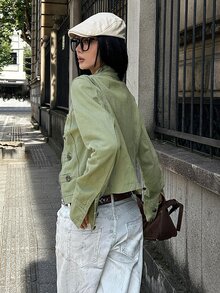 StreetHx 女款立領休閒百搭日常長袖牛仔夾克 - 軍綠色 - 查看 3
