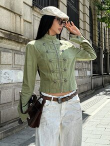 StreetHx 女款立領休閒百搭日常長袖牛仔夾克 - 軍綠色 - 查看 6