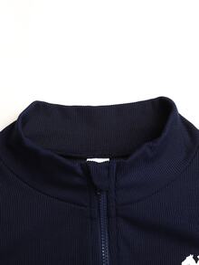 SHEIN Tween Girl NovaGlow 運動休閒日常針織素色開襟外套與喇叭褲套裝 秋冬穿搭 - 藏蓝色 - 查看 4
