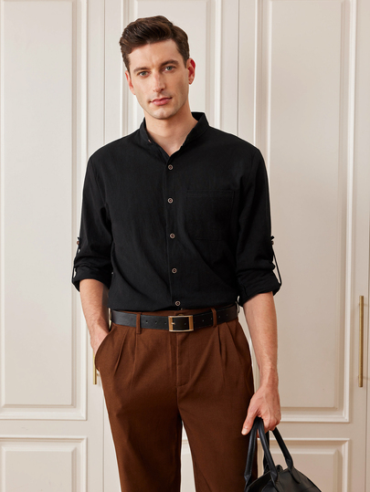 Officeau Kolrap Men's Solid Color Linen Stand Collar Shirt, Long Sleeve Button Front, Casual Summer Beach Top, Men's Linen Chinese Style Stand Collar Shirt, Vacation Casual Wear, Minimalist Black Linen Blend Shirt, Contrast Button Chest Pocket